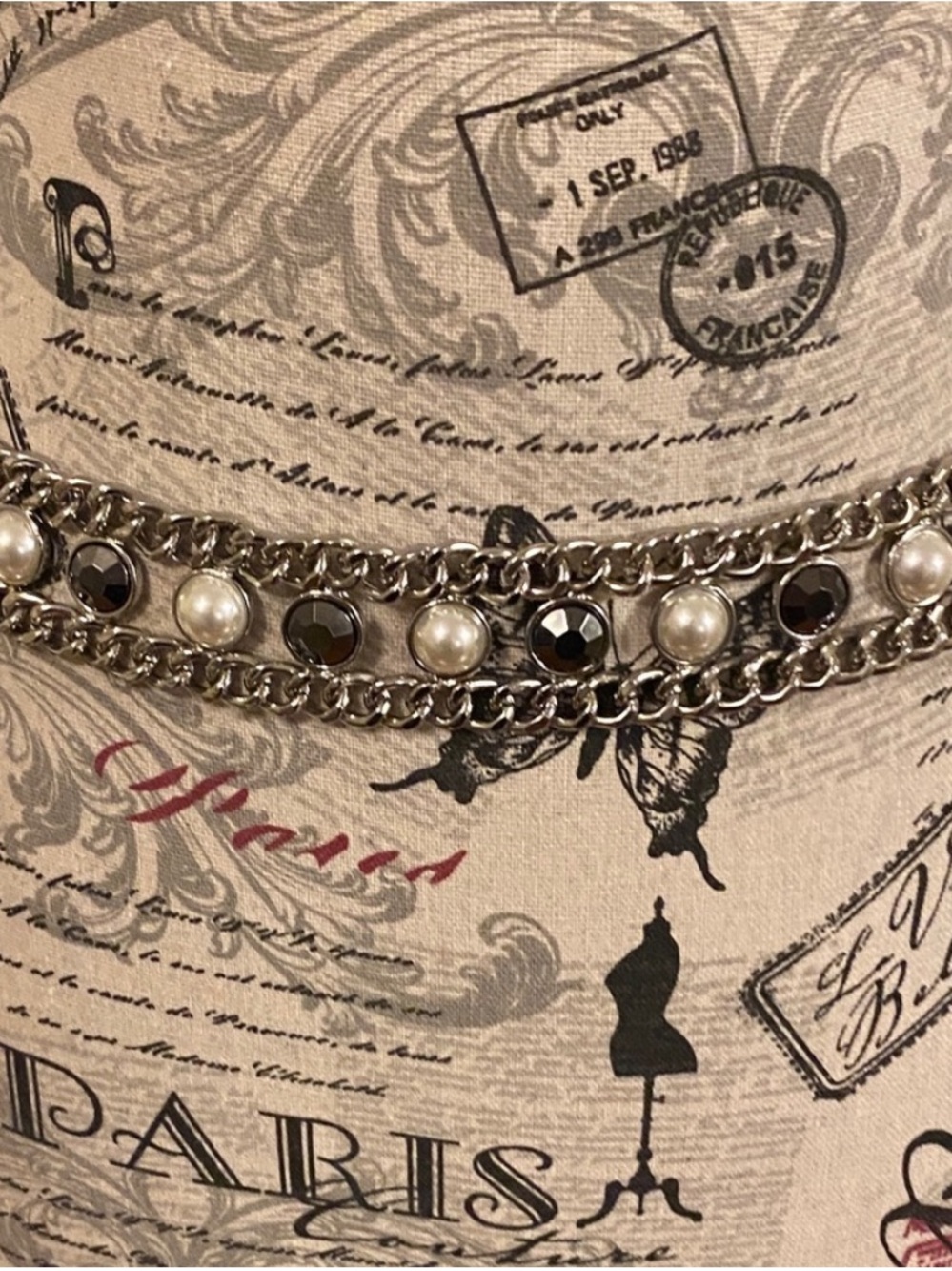 Silver Chain Belt Faux Pearl Black Stone Accent Adjustable Waist Belt - Picture 7 of 7